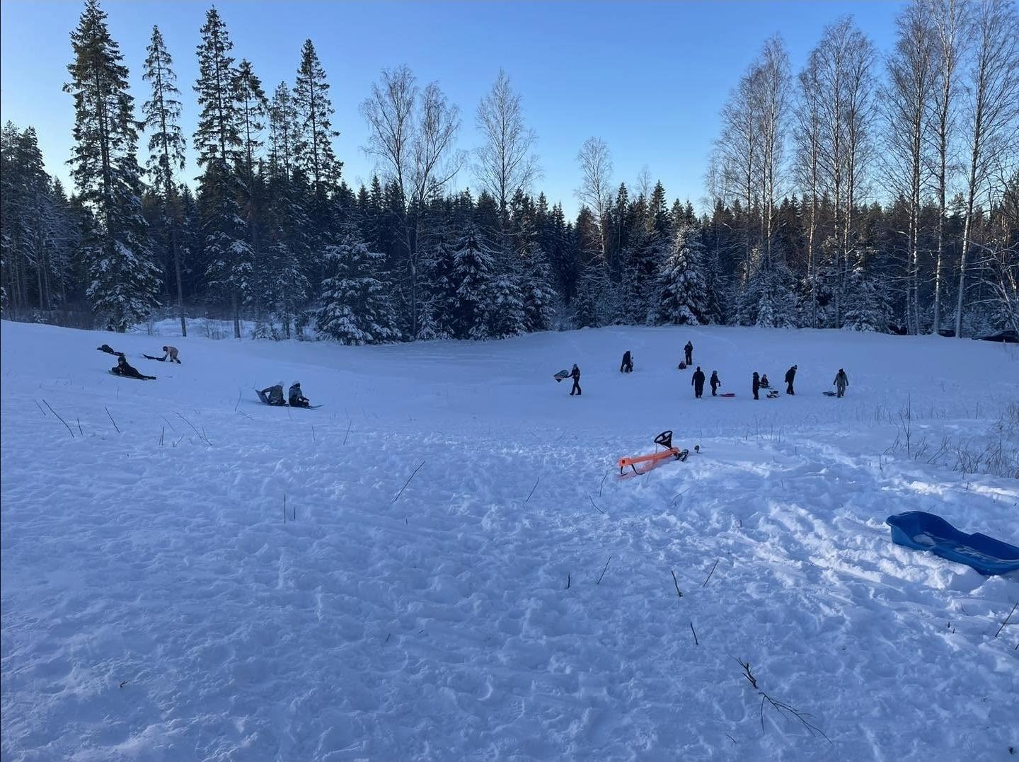 Snöklädd pulkabacke med skog bakom, en vinterdag vid Sättrastugan